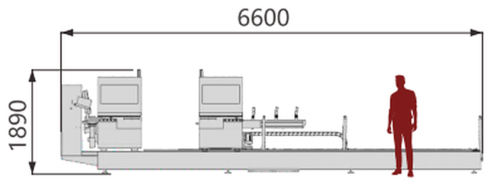 DSR600 Пила для резки под любым углом — Вид спереди · 6600 мм вдоль станины · высота 1890 мм