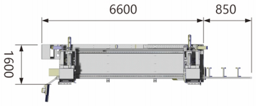 DSR600 Пила для резки под любым углом — Вид сверху · станина 6600 мм + задняя часть 850 мм · ширина 1600 мм