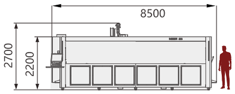 M4-7000 4-осевой обрабатывающий центр — Вид спереди · длина 8500 мм · общая высота 2700 мм (корпус станка 2200 мм)